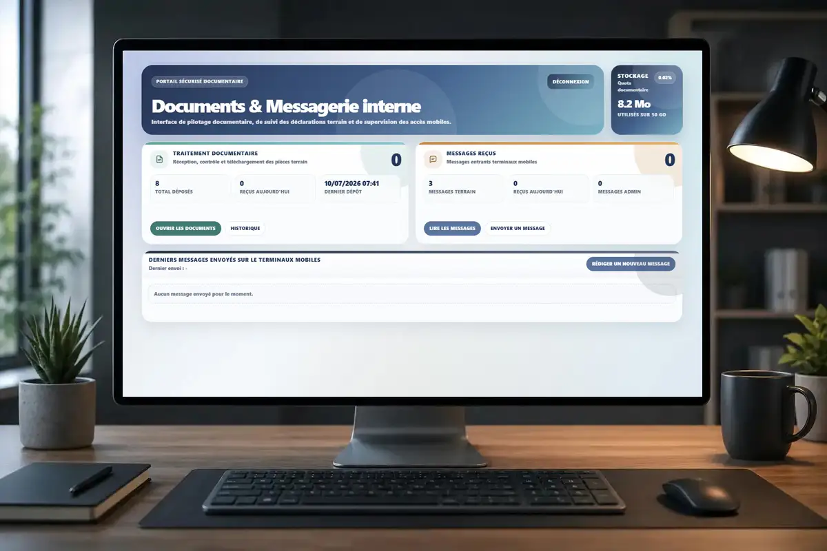 Tableau de bord de l'application Documents et Messagerie terrain
