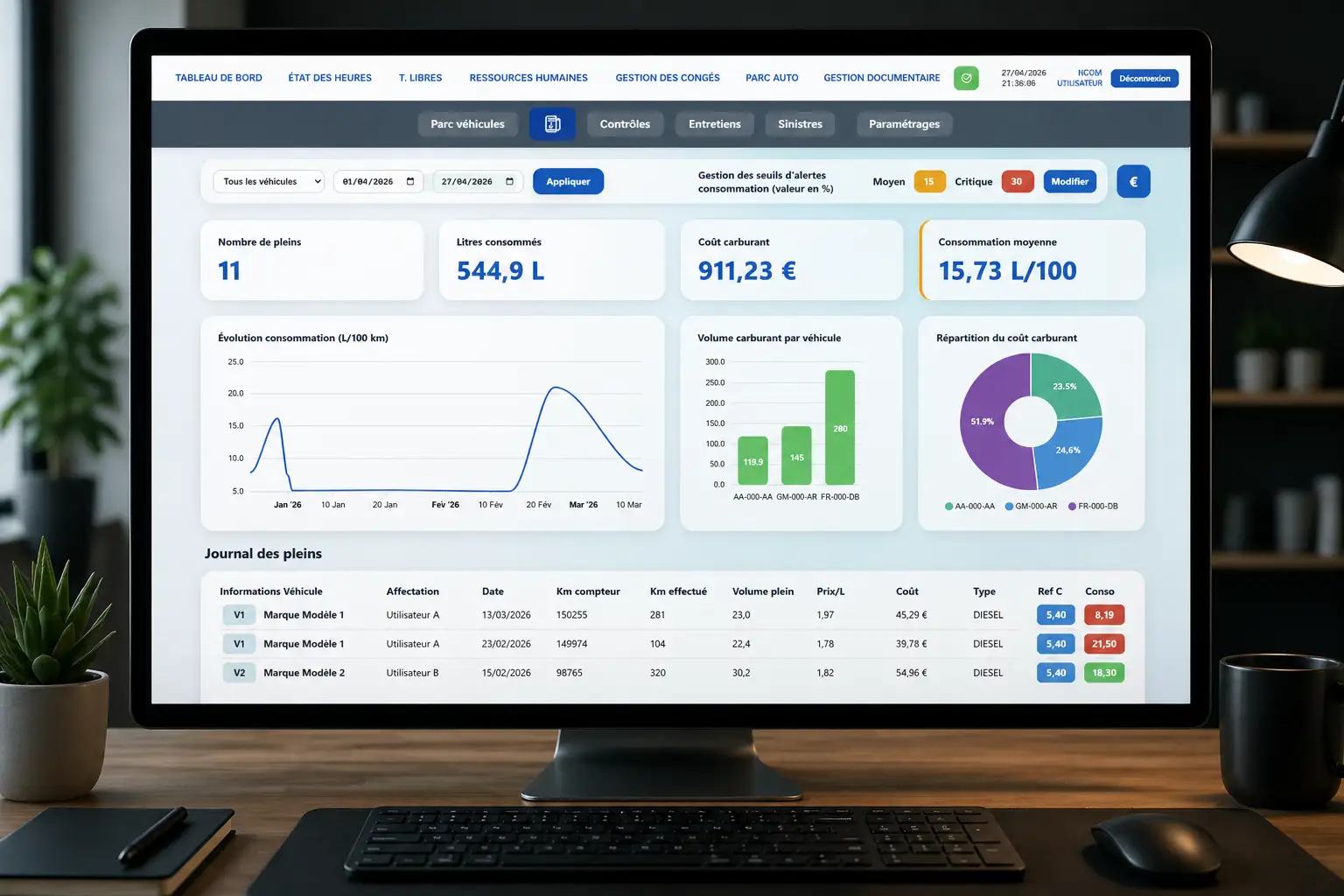 Tableau de bord statistiques de flotte et consommation
